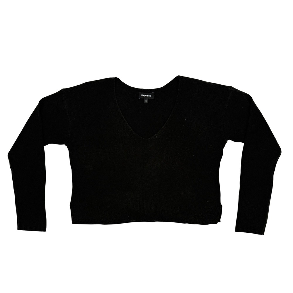 Express V-Neck Sweater Womens Large Black Excellent Cropped Relaxed Knit 90145